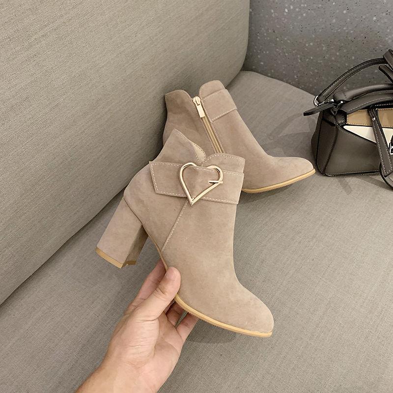 Women's Frosted Thick Heel Plus Size Short Boots Simple Love High Heel Fashion Boots Autumn and Winter Women's Side Zipper Boots