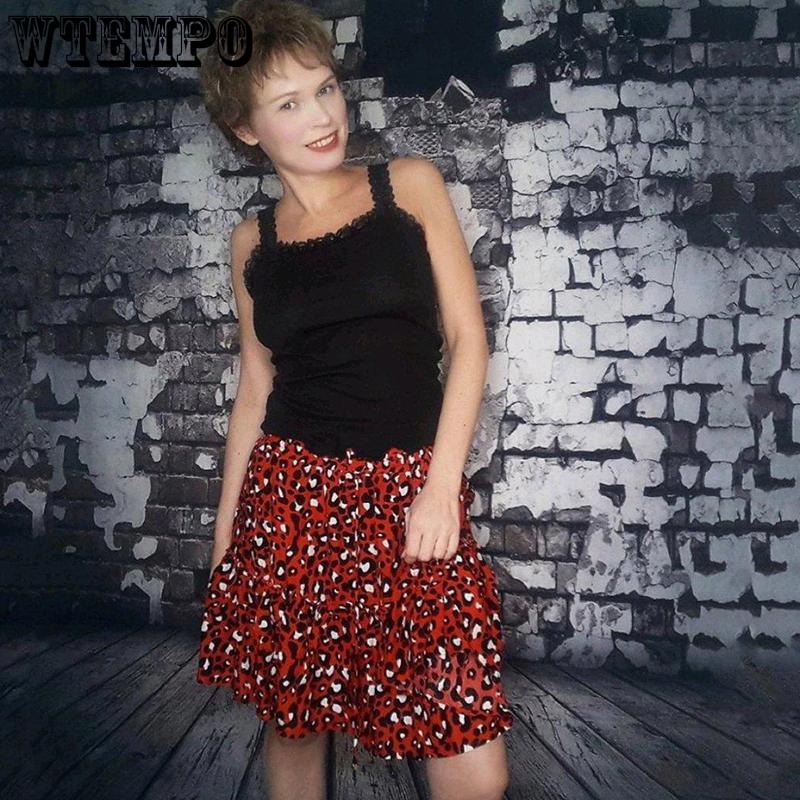 Sexy Leopard Pleated Skirts Mini Boho Elastic High Waist Ruffles Elastic Waist High Above The Knee Skirt