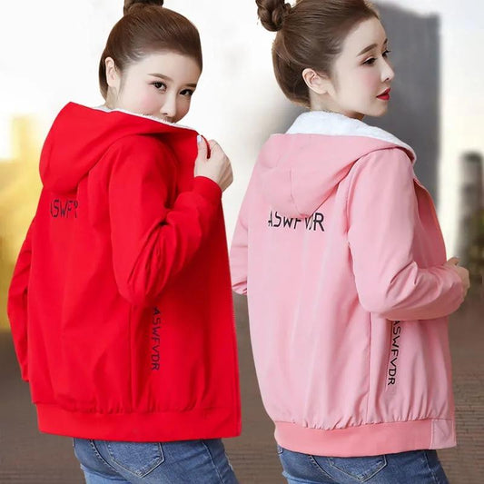 Fleece Thickened Hooded Jacket Autumn and Winter Warm Jacket Women Loose All-match Sports Jacket