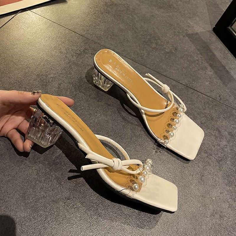 Crystal Heel Slippers Women's Summer Wear Fashion 2 Thick Heel Transparent Sandals