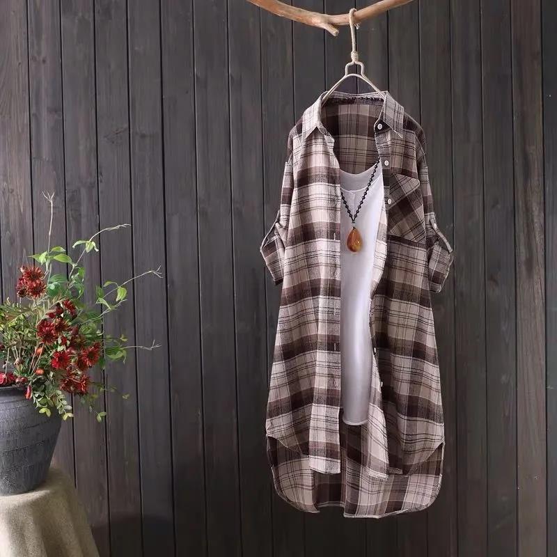 Casual Plaid Shirt Women's Mid-length Loose Cotton Shirt Long-sleeved Shirt Women's Fabric Comfortable and Breathable