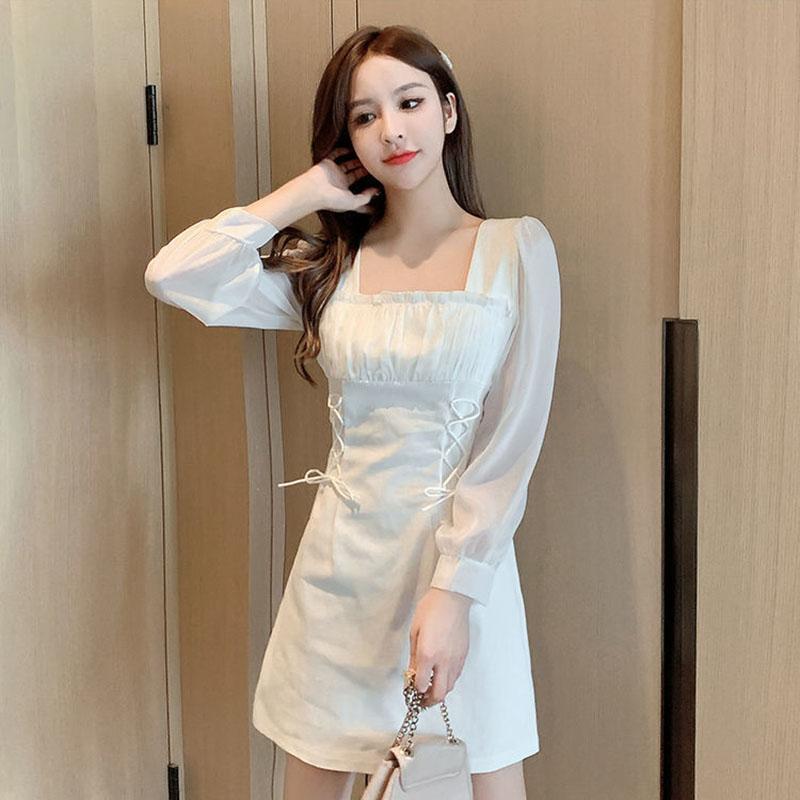Autumn French Design Sense of Niche Temperament Skirt Is Thin Folds Square Collar White Waisted Celebrity Dress