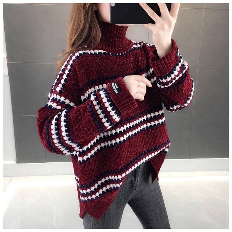 Pofulove Women stripe Turtleneck sweater pullover winter pleuche sweater Knit Long Sleeve jumper