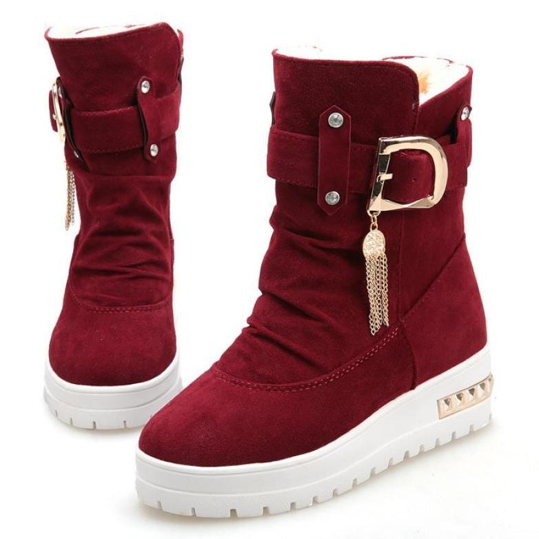 Outdoor Women's Winter Flat Bottom Frosted Warm and Antiskid Snow Boots Middle Boot Belt Buckle Warm Shoes