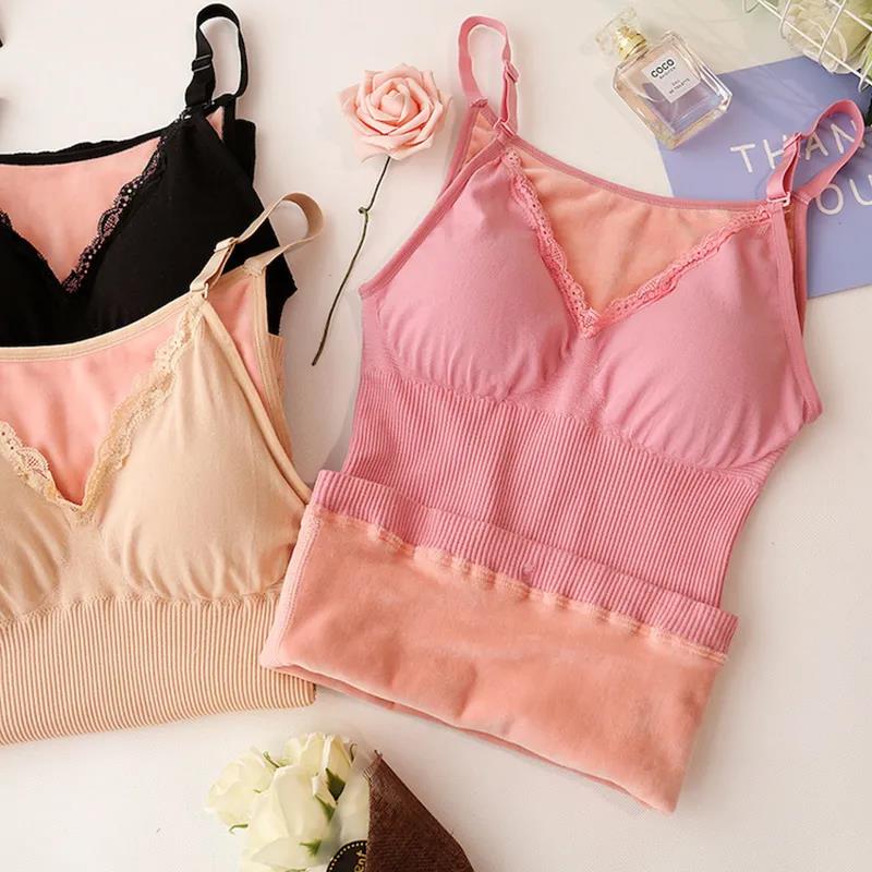 Warm Vest Underwear Women Plus Velvet Thick Sexy Suspenders with Chest Pad Tight-fitting Bottoming Shirt Tops Autumn and Winter Models