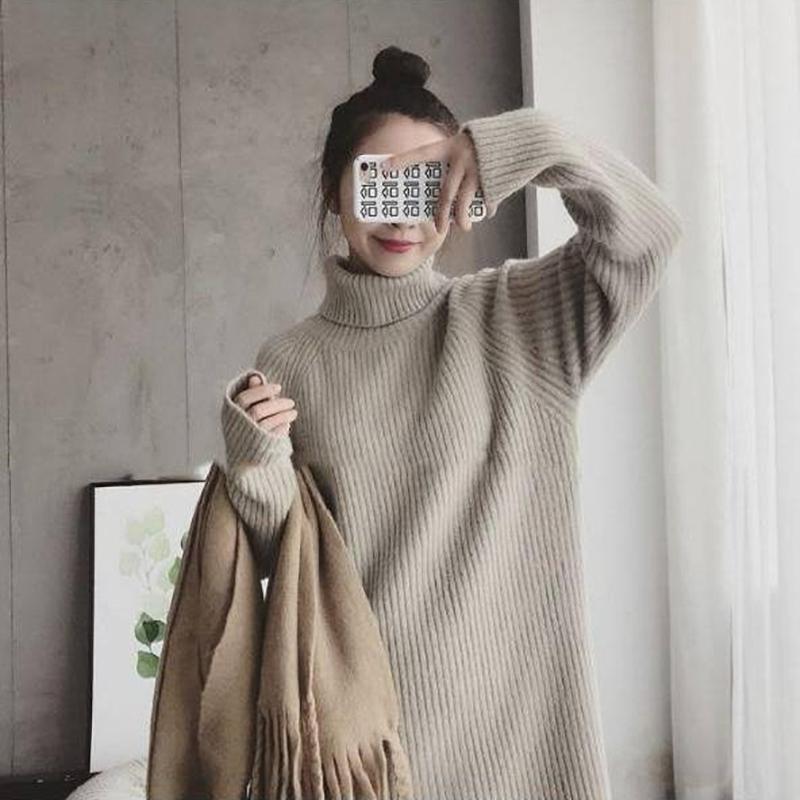 Autumn and Winter Women's Wool Sweater Warm High Neck Sweater Casual Loose Thickening Slimming Over The Knee Long Sweater Knitted Pull Pullover