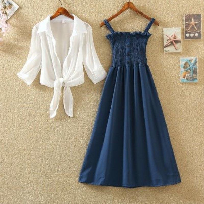 Solid Color Niche Retro High Waist Slim Bottoming Suspender Dress Two-piece Female Student Suit Skirt