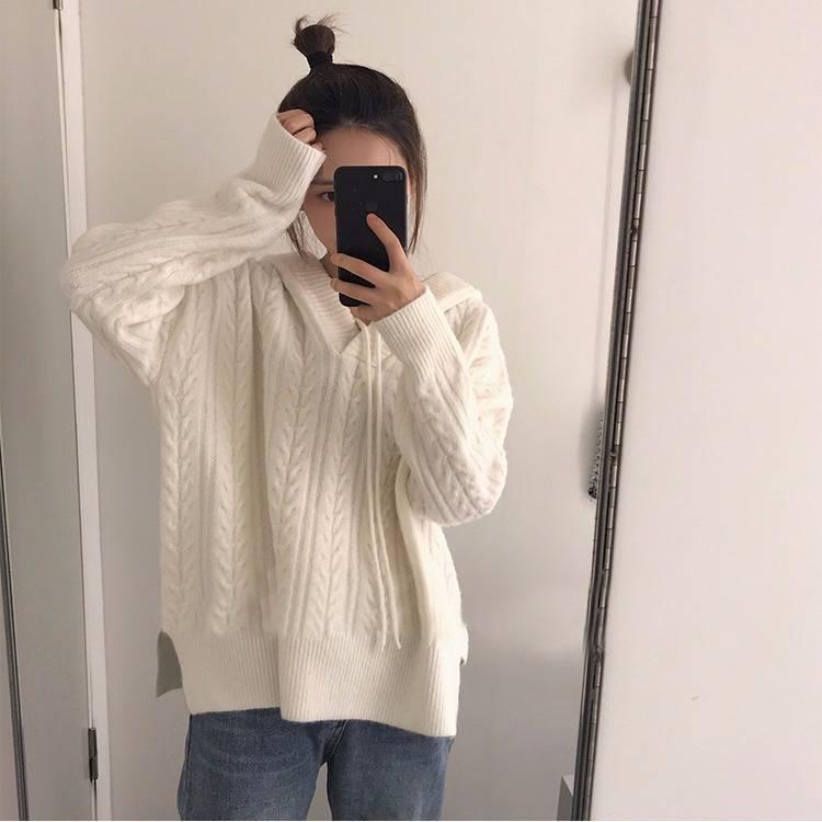 Pofulove Autumn Winter Solid Color Loose Korean Twist Hooded V-neck Sweater Women's Base Shirt