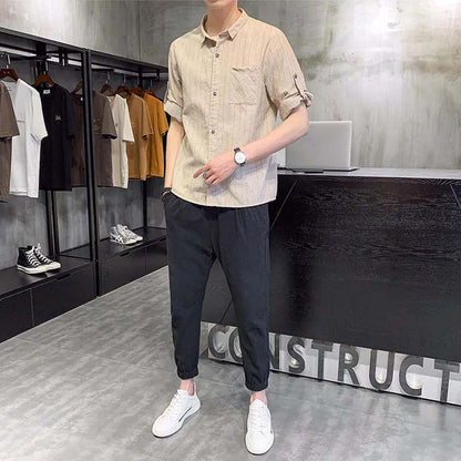 Men's Casual Handsome Mature Men's Striped Shirt and Solid Color Casual Pants Two-piece Suit