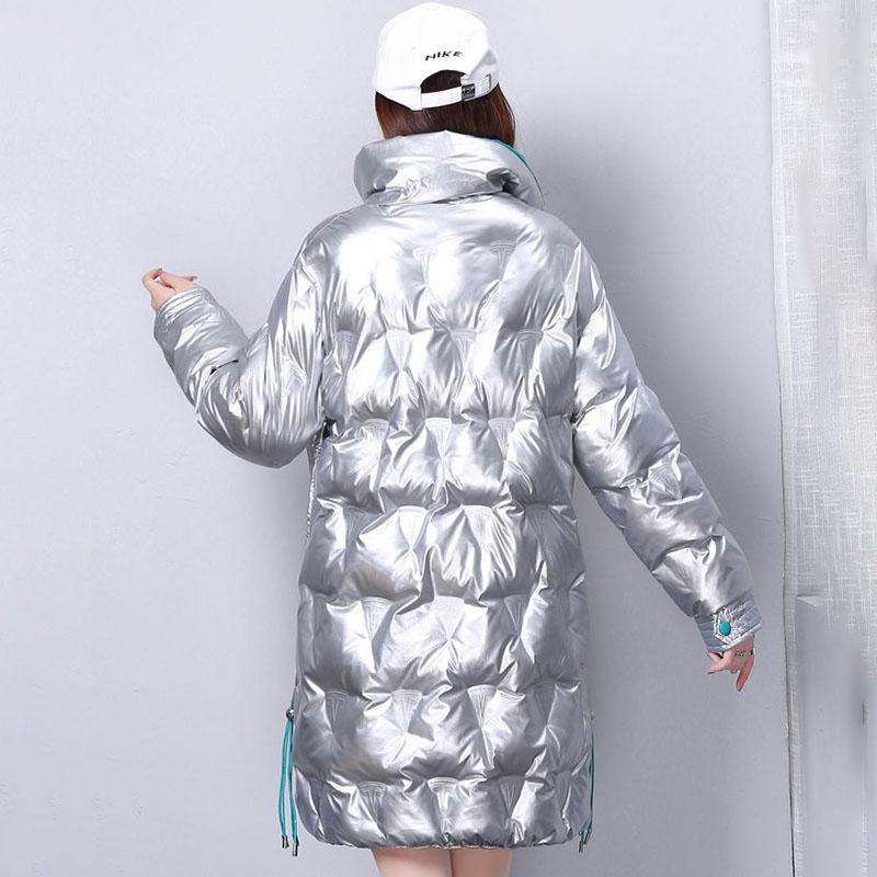 Shiny Winter Jacket Women Mid-length Stand-up Collar Thick Warm Loose  Padded Jacket Windproof Drawstring Ladies Coats