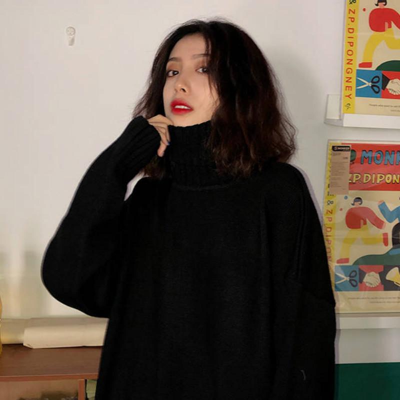 Pofulove Solid Color Thick Turtleneck Sweater Female Students Winter Lazy Wind Loose Pullover Knitted Jacket Wild Jacket