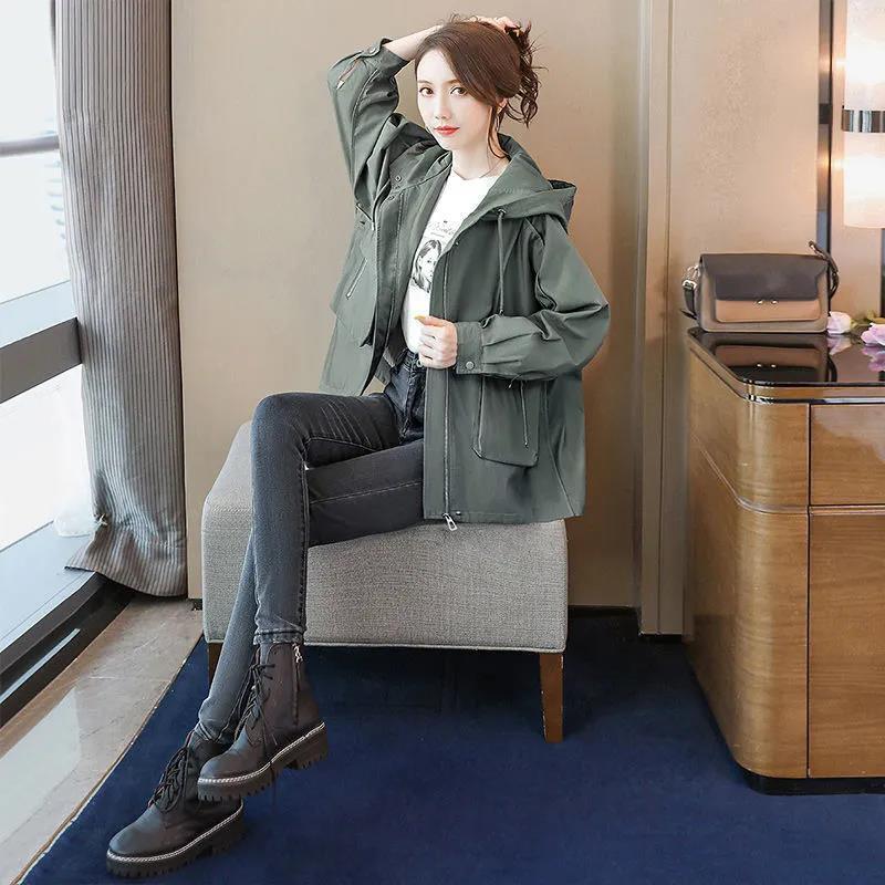 Double Layer Lining Windbreaker Women's Spring and Autumn Style Waist Loose Casual Hooded Raincoat Jac