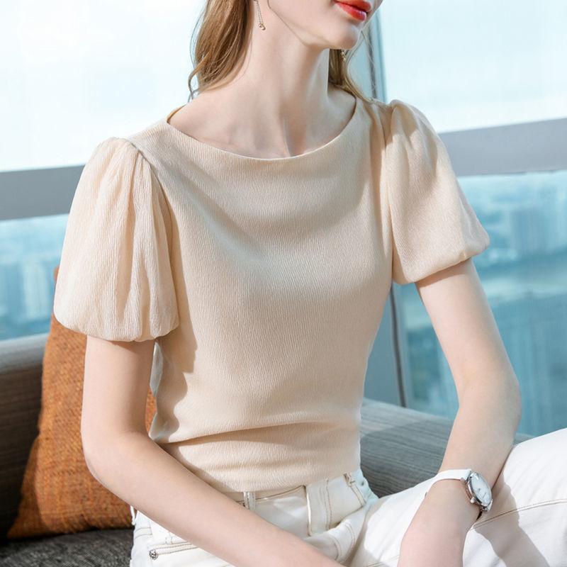 Chiffon Shirt Women's Short-sleeved Summer Round Neck Fabric Light and Breathable Temperament Elegant Sweet and Cute Ladies Short-sleeved Shirt