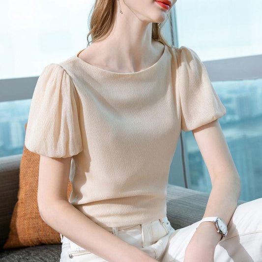 Chiffon Shirt Women's Short-sleeved Summer Round Neck Fabric Light and Breathable Temperament Elegant Sweet and Cute Ladies Short-sleeved Shirt