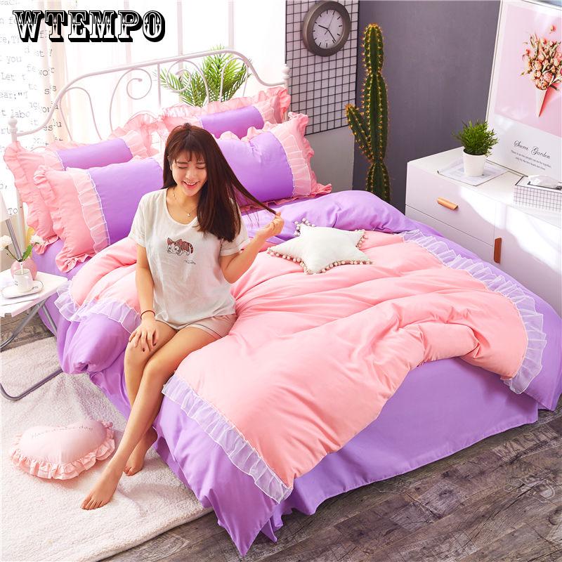 WTEMPO Thick Quilted lace Bedding set Bed set Princess Korean Girls White Pink Bed skirt set