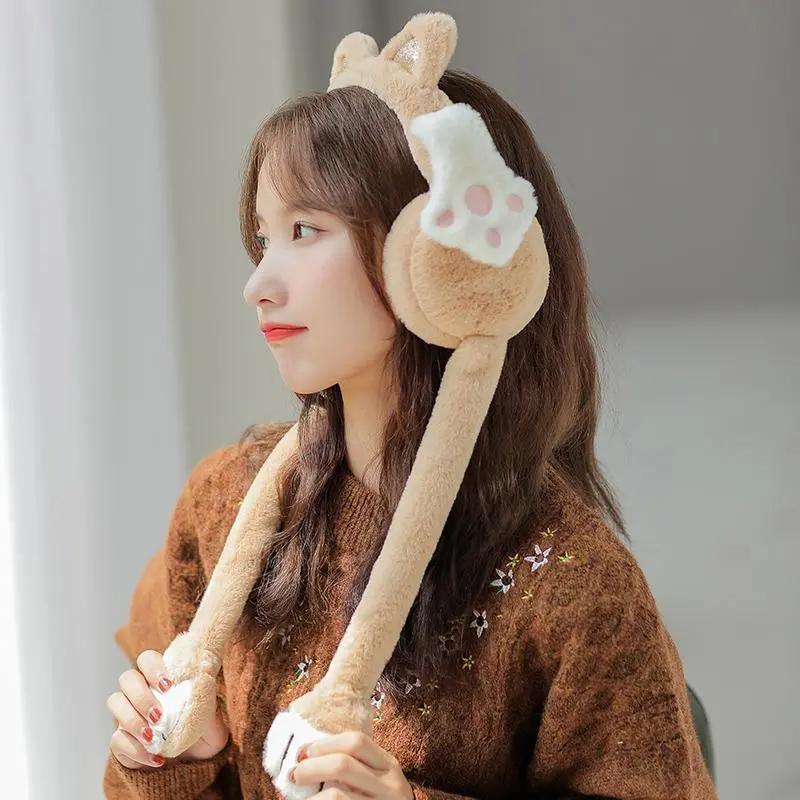 Removable Earmuffs for Womens Winter Cute Cat Claw Warm Ear Muffs Cartoon Cat Ears Plush Earflap Windproof Ear Protection Earlap Cover Antifreeze