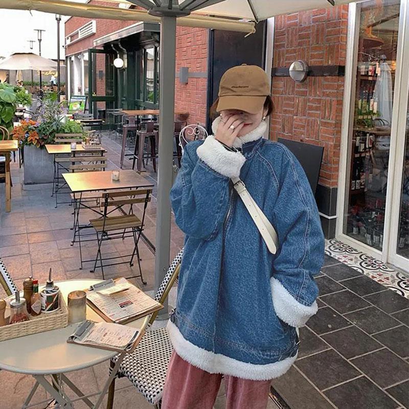 Women Winter Casual Thick Warm Faux Fur Coats Female Denim Faux Fur Loose Jacket Lady Fashion Korean Streetwear