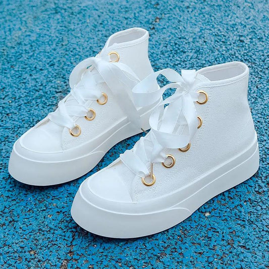 Japanese Ribbon Small White Shoes Summer Student Trend High-top Canvas Shoes Women