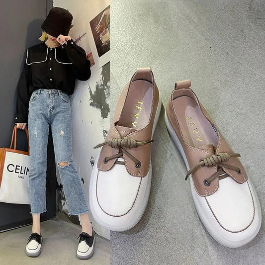 Autumn Color-blocking Flat Shoes Women's Soft Leather Korean Style Retro Casual Sneakers Girls Shallow Mouth Leather Shoes Casual Shoes