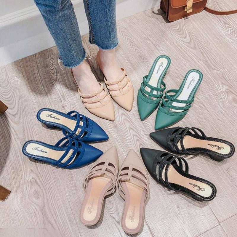 Summer Lazy Casual Fashion Thick Heel Sandals and Slippers Female Pointed Toe Korean Style Slope with Social Wear