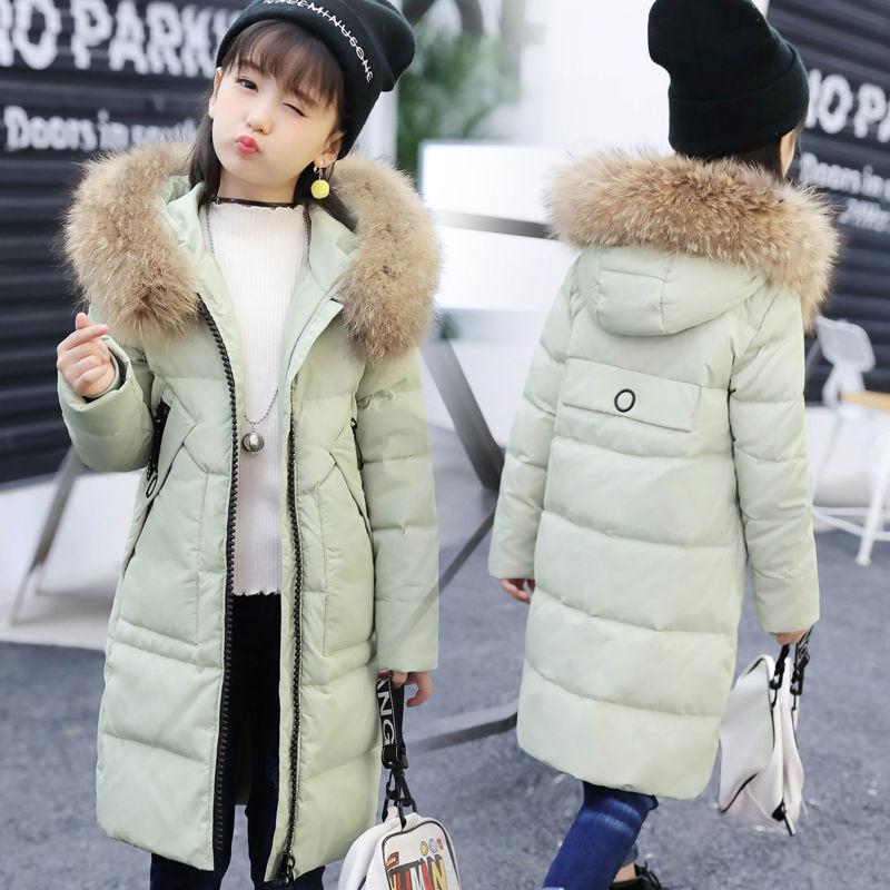 Children's Down Jacket Mid-length Fashion Thick Winter Jacket with Big Fur Collar Hooded Outerwear
