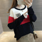 Autumn  Winter Loose Short Sweater Fashion Knit Sweater Color Matching Women's Round Neck Bottoming Shirt Top