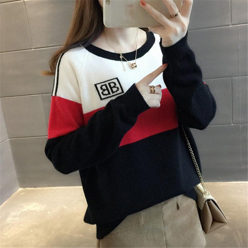 Autumn  Winter Loose Short Sweater Fashion Knit Sweater Color Matching Women's Round Neck Bottoming Shirt Top