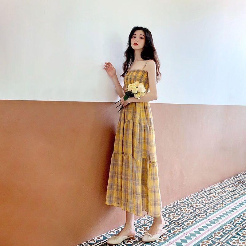 One Piece Women A-line Lattice Skirt Sling Dress Mid-length Chiffon Veil  Sleeveless Ruffled Folds Tube Top Party  Dress