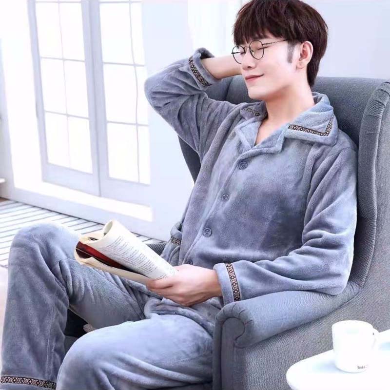 Men's Pajamas Winter Coral Velvet Thickened Plus Velvet Plus Size Youth Cardigan Home Service Suit