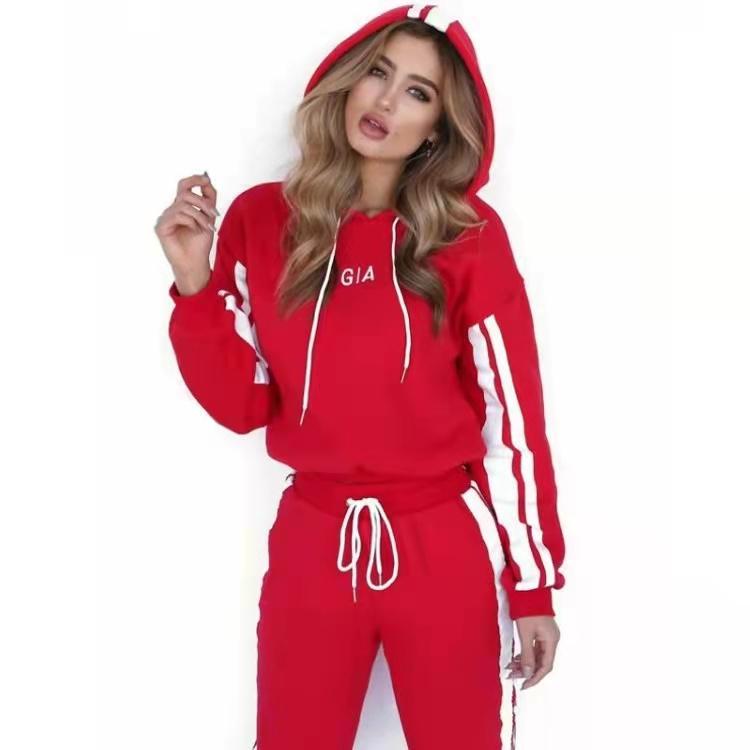 2PCS Sports Suit Colorblock Striped Lace-Up Short Hooded Casual Sweater Jogging Pants Set Autumn Warm Suit Athletic Clothing for Women