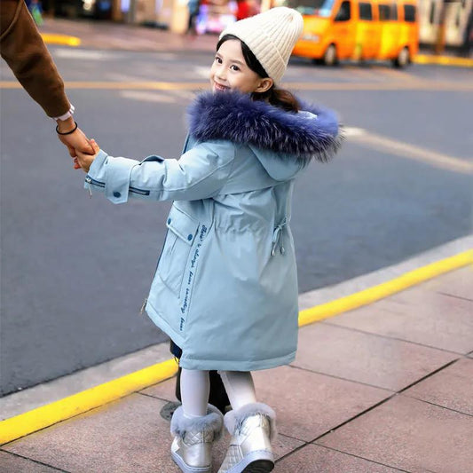 Children's Warm Down Jacket Mid-length Windbreaker Girl Light and Large Fur Collar Coat