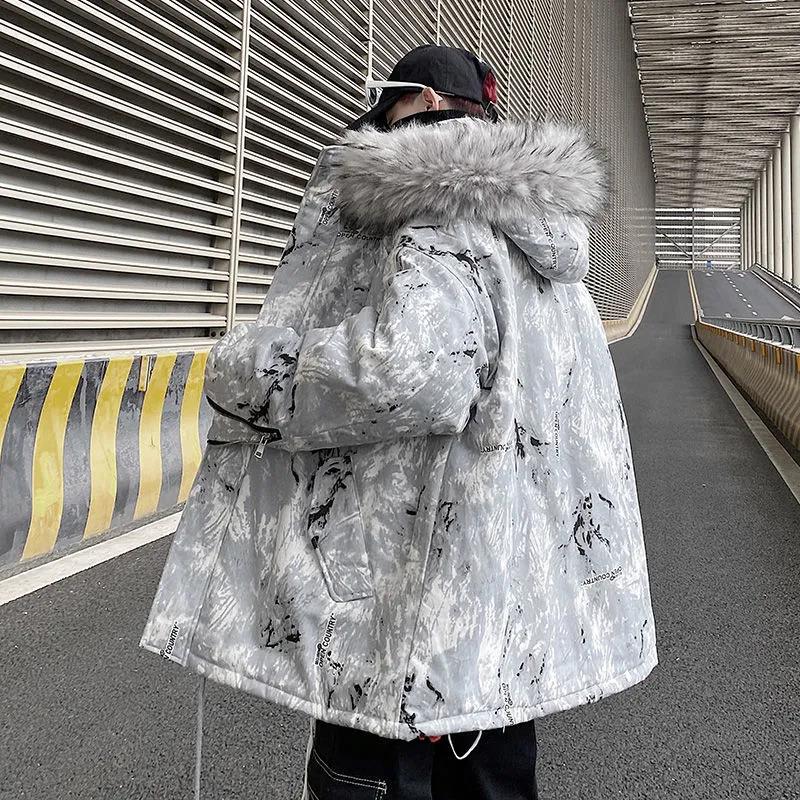 Winter Mid-length Down Jacket Thickened Warmth Tie-dye Jacket Suitable for Young Men or Students