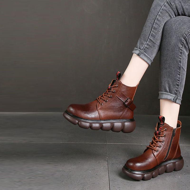 Leather Martin Boots Women's Thick-soled Short Boots Women's Autumn and Spring Leather Boots Lace and Single Boot