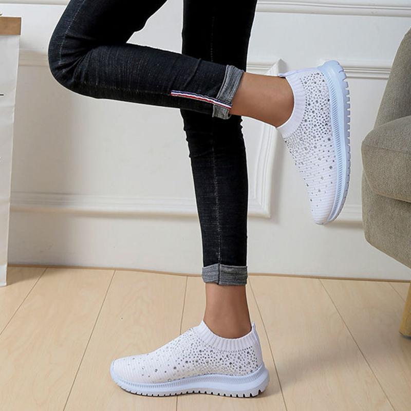 Women's Fashion Knitted Casual Shoes Sneakers Shiny Socks Slippers Breathable Mesh Crystal Sneakers Flat Soft Sole Women's Shoes
