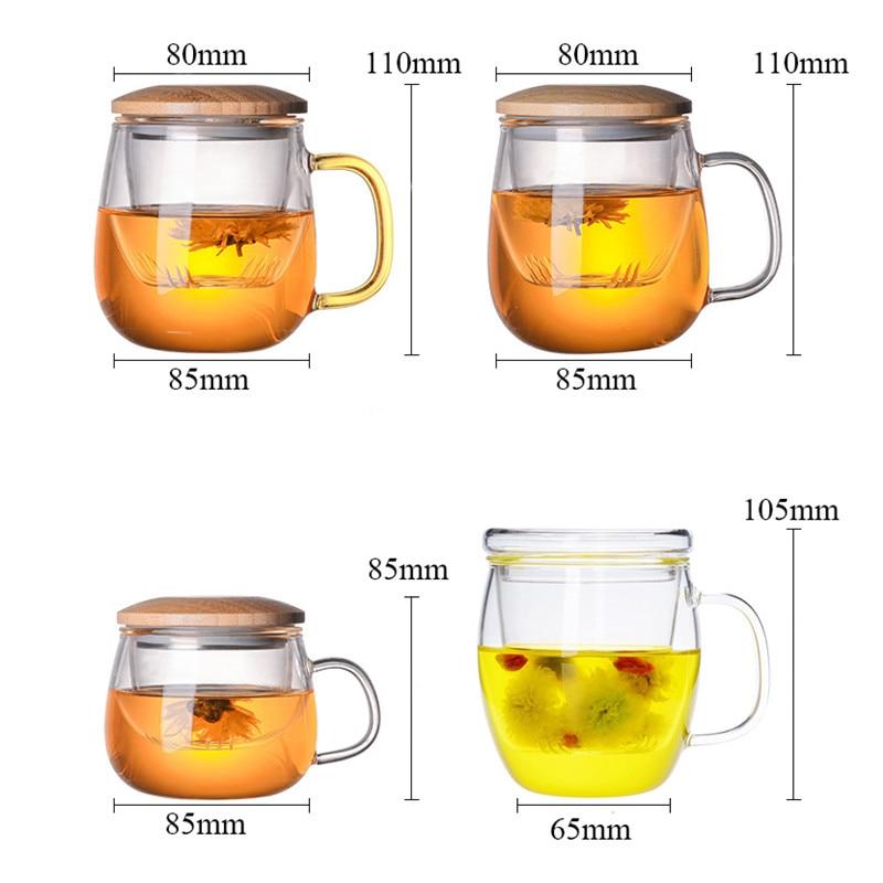 Creative Glass Tea Infuser Cup with Transparent Filter Handle Bamboo Lid Heat-resistant Flower Teacup Office Tea Mug Drinkware