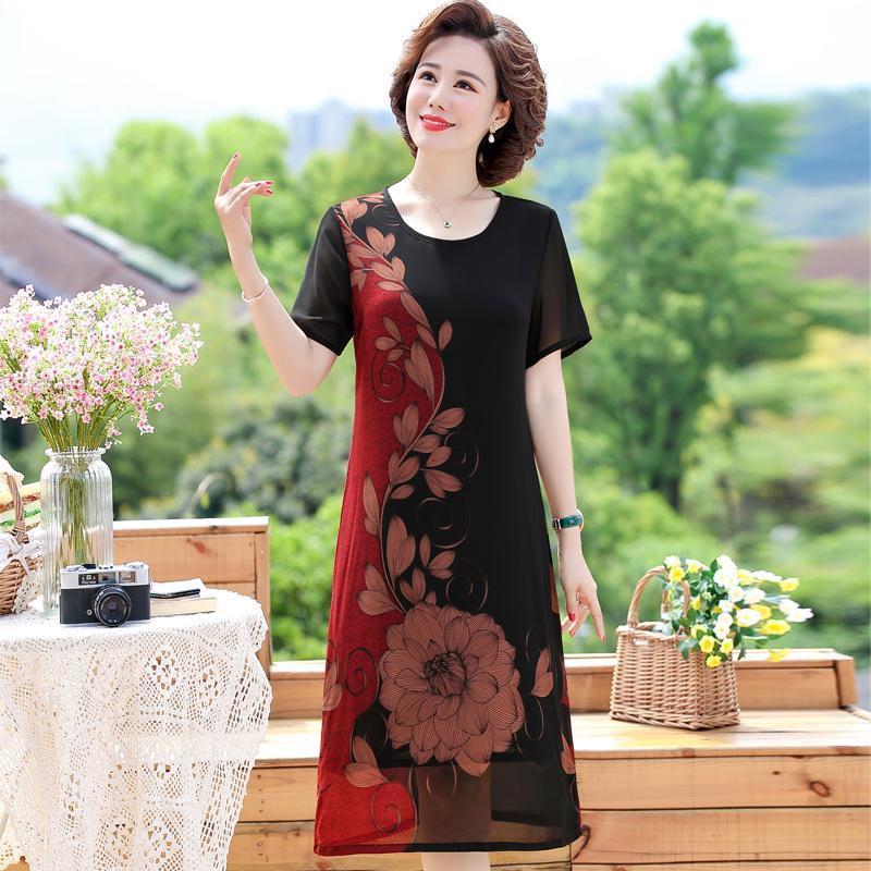 Women's Clothing Large Size Loose Chiffon Dress Round Neck Short Sleeve Printing Knee-length