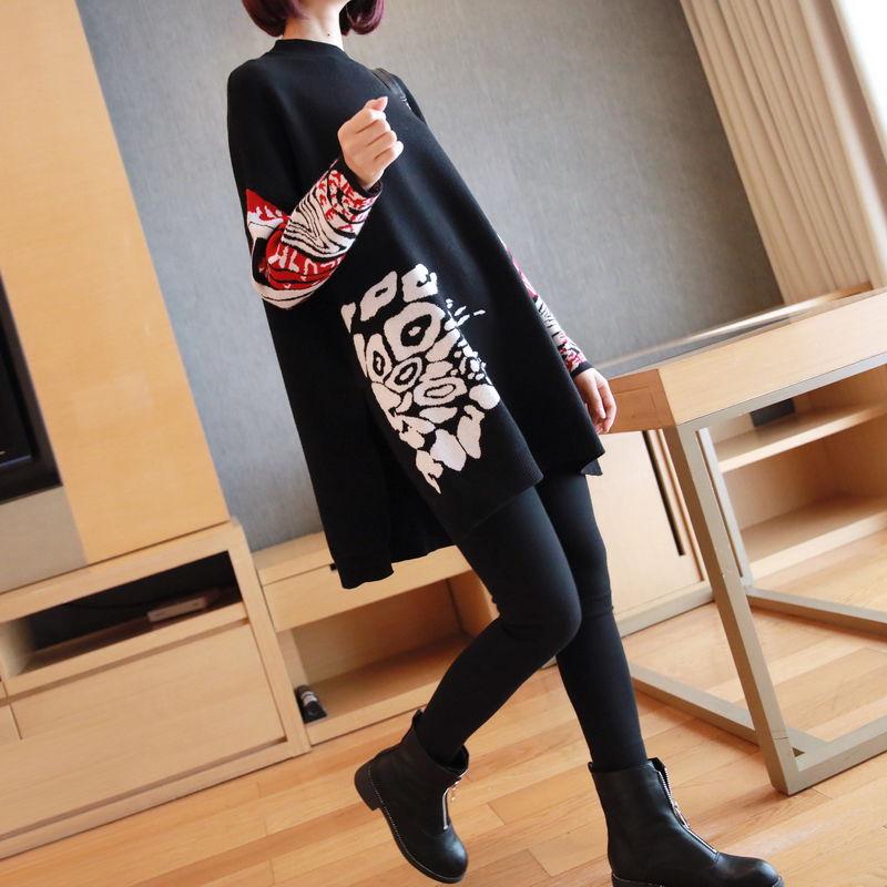 Vintage Printed Knitted Sweater Women Loose Bottoming Sweater Autumn and Winter Asymmetric Pullover Sweater