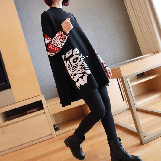Vintage Printed Knitted Sweater Women Loose Bottoming Sweater Autumn and Winter Asymmetric Pullover Sweater