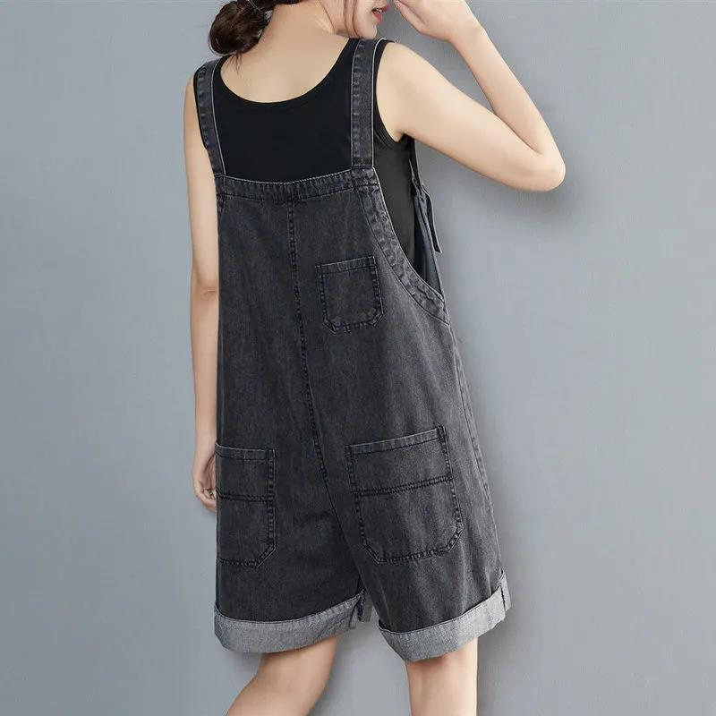 Wide-leg Denim Overalls on Both Sides Summer Female Students Loose Age-reducing Big Pocket Sling Jumpsuit Shorts Tide