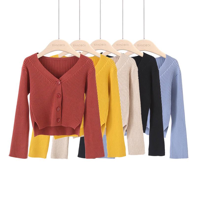 Core-Spun Yarn Solid Color Sunken Stripe Sweater Cardigan Women's Autumn and Winter V Neck Sweater