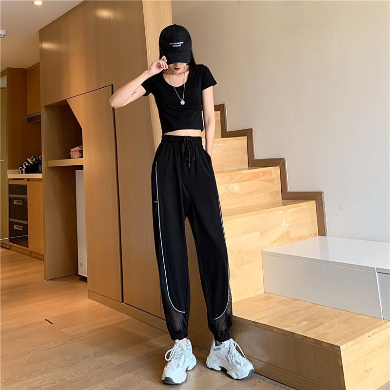 Reflective Strip Stitching Mesh Pants Summer Korean Thin Section High Waist Casual Pants Women's Sports Pants