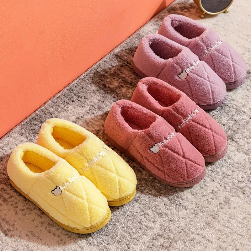 Women Unisex Winter Home Slippers Leather Waterproof Non Slip Slippers Plush Warm Indoor