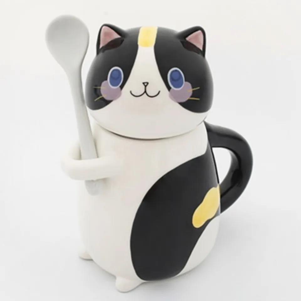 New Cute Cat Ceramics Coffee Mug with Spoon Creative Hand Painted Drinkware Milk Tea Cups Novelty Gifts