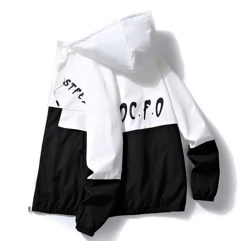 Spring and Autumn Jacket Men's Tooling Hooded Jacket Trendy Handsome Loose Teen Student Printed Thin Top