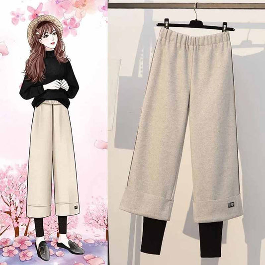 Plus Size Women's Fat Mm Loose High Waist Wide-leg Pants Winter Thickened Fake Two Pieces of Thin Woolen Casual Trousers Female Trend