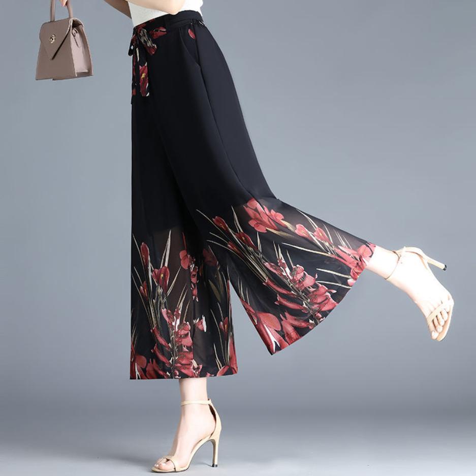 Summer Women's Pants Loose Nine Points Large Size Slim Women's Drapey High Waist Chiffon Wide Leg Pants