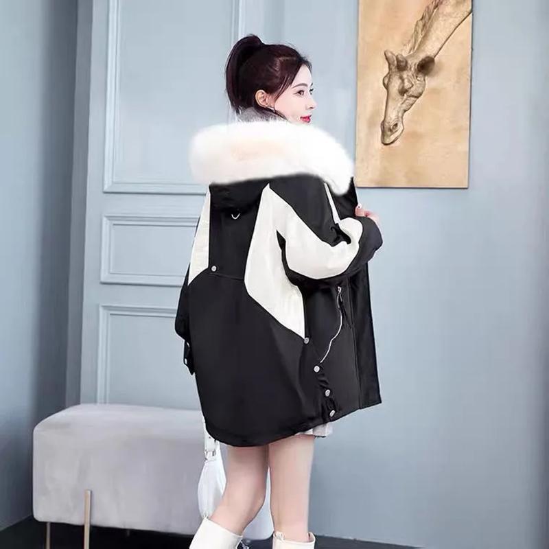 Women's Winter Plus Velvet Thickened Mid-length Coat Sequin Stitching Pie To Overcome Cotton-padded Clothes Wool-collar Loose Warm Jacket