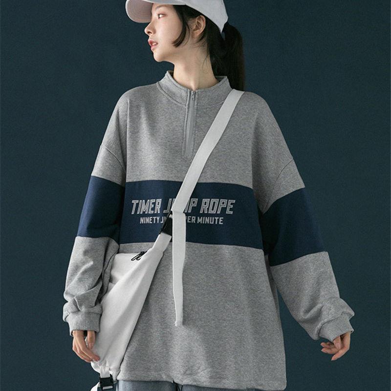 Half Zipper High Neck Sweater Women Autumn Vintage Sports Style Korean Loose Pullover Coat