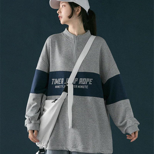 Half Zipper High Neck Sweater Women Autumn Vintage Sports Style Korean Loose Pullover Coat