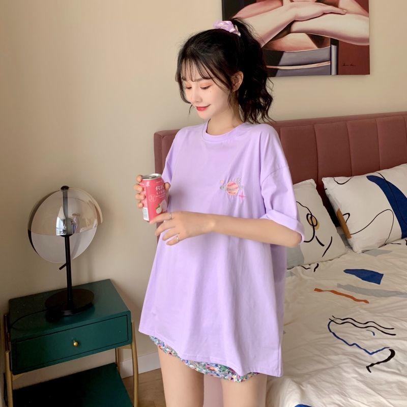 Solid Color Round Neck T-shirt Summer Planet Embroidery Loose Breathable Women's Tops Ladies Basic Tee Shirt